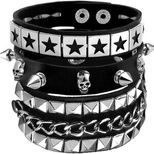 Punk Rock Leather Bracelets Set 3 Adjustable Spiked Wrist Cuffs for Women Men